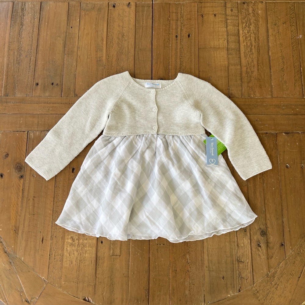 Mon Caramel Plaid Sweater Dress Child 12-18 Months Gray New Ruffle Button Front